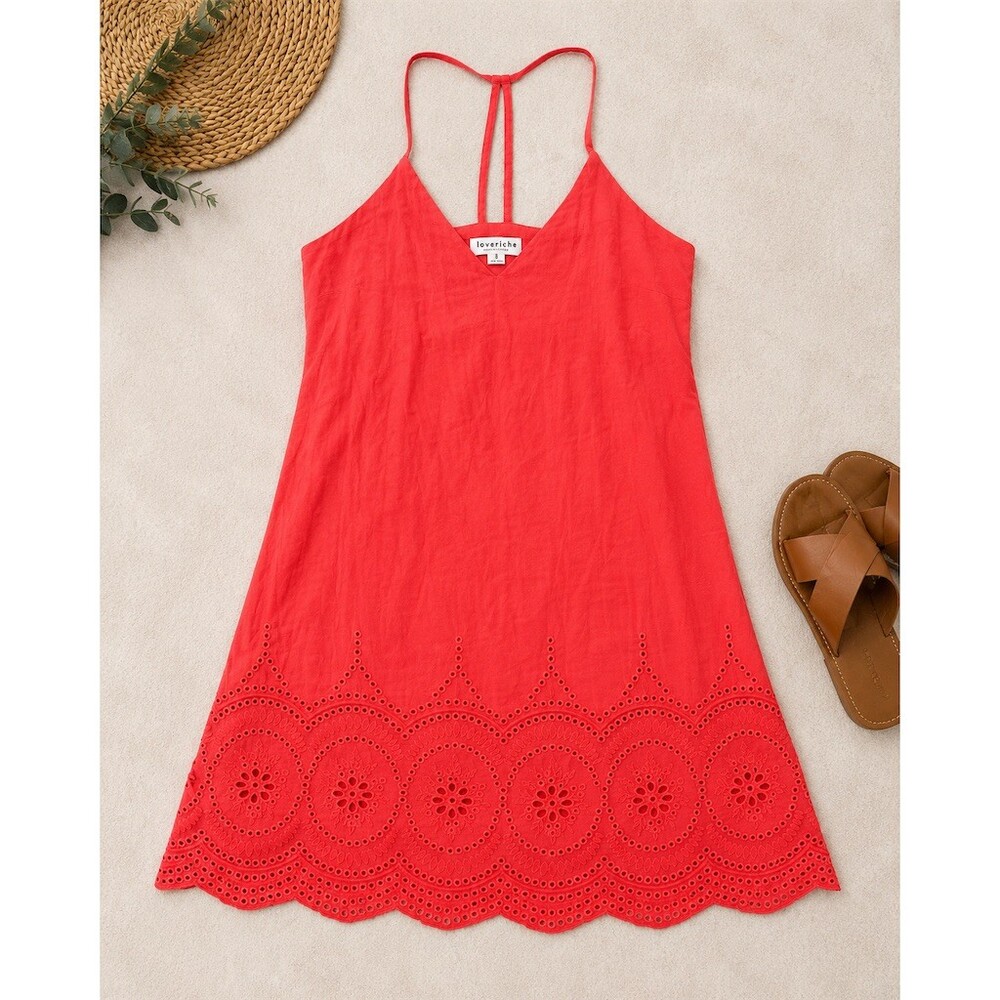 Loveriche Mini Dress Womens Small Red Eyelet Lace Scalloped Hem V-Neck